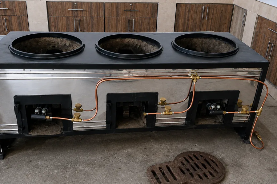 Institutional three-pot LPG cooker with copper supply pipework and control valves