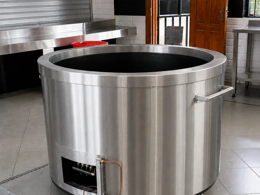 Large stainless steel LPG cooking vessel installed in an institutional kitchen